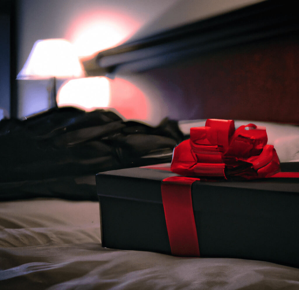 boite noire avec boucle rouge Coffret érotique provenant du sex shop 50 nuances de sexxx sur un lit