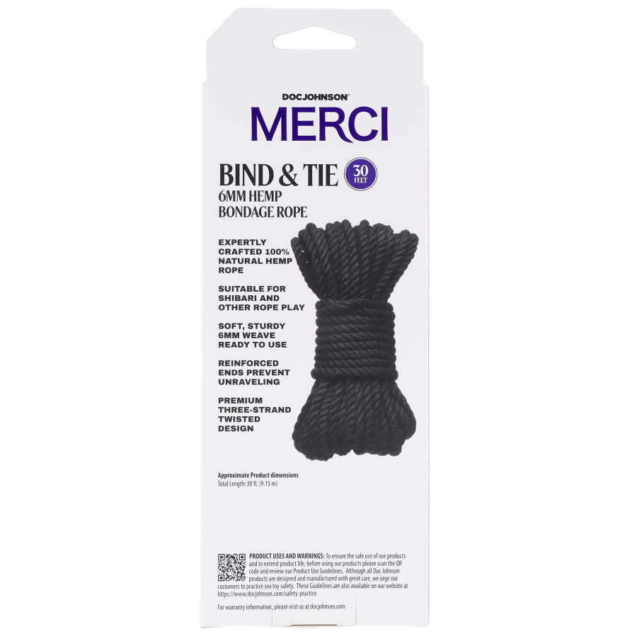 Corde de Bondage en Chanvre 6mm, 9 Mètres, Noir Doc Johnson