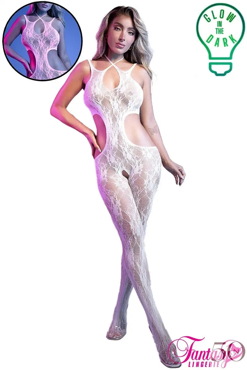 Bodystocking en dentelle florale phosphorescente