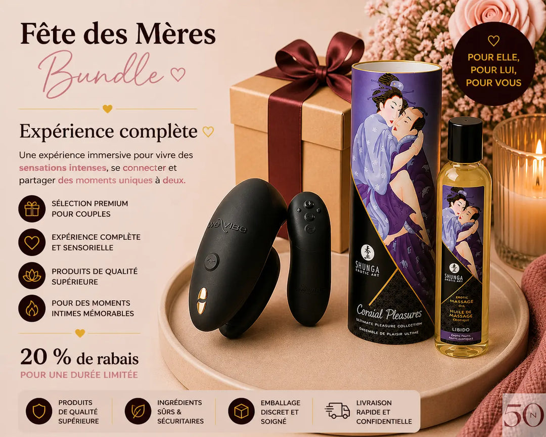 Bundle Fête des Mères Expérience complète avec stimulateur connecté et huile de massage pour couple