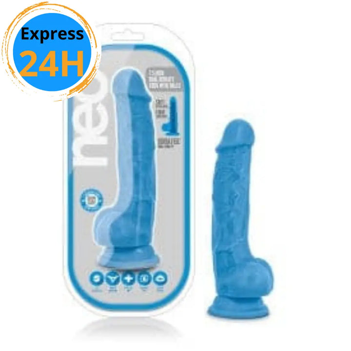 Gode Dual Density de 7,5 pouces avec testicules - Bleu Néon Blush