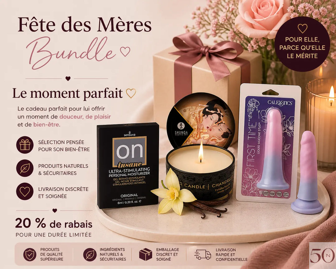 Bundle Fête des Mères Le moment parfait avec bougie de massage, gel stimulant et accessoire intime pour le bien-être féminin