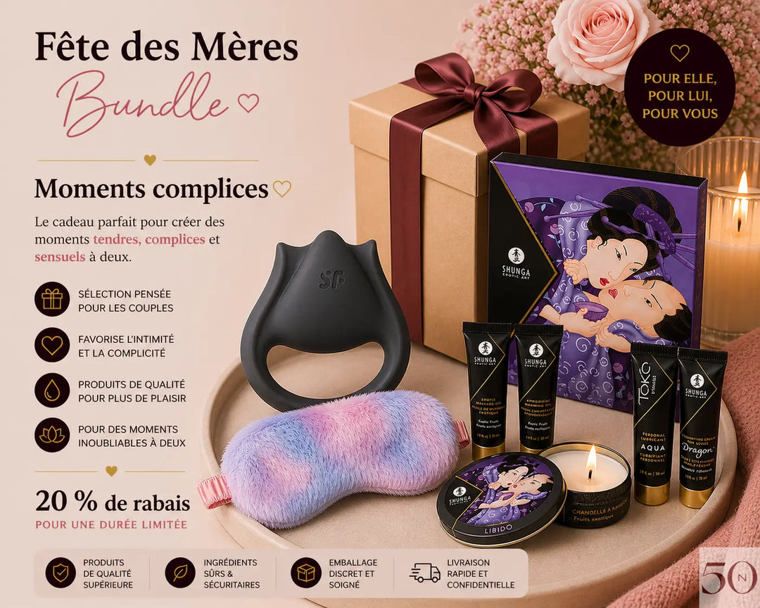 Bundle Fête des Mères Moments complices avec produits sensoriels, massage et accessoire pour couple