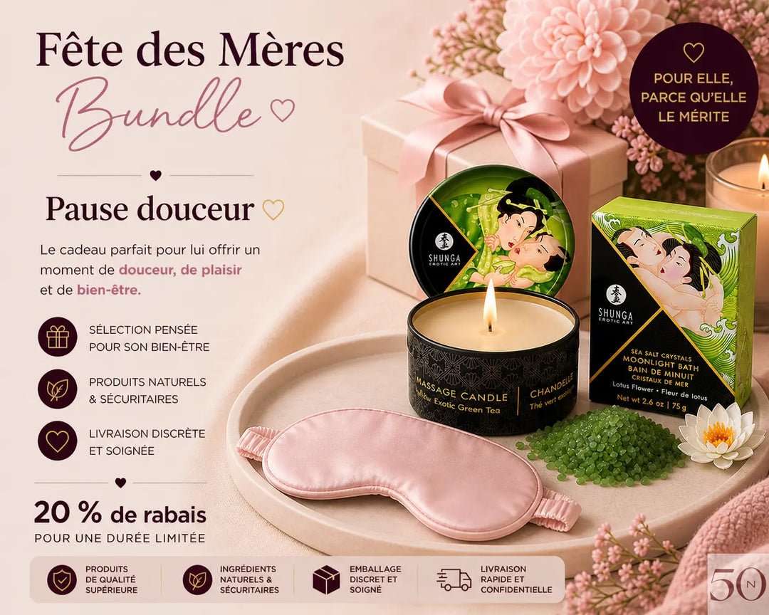 Bundle Fête des Mères Pause douceur avec bougie de massage, sel de bain et masque de sommeil pour le bien-être féminin
