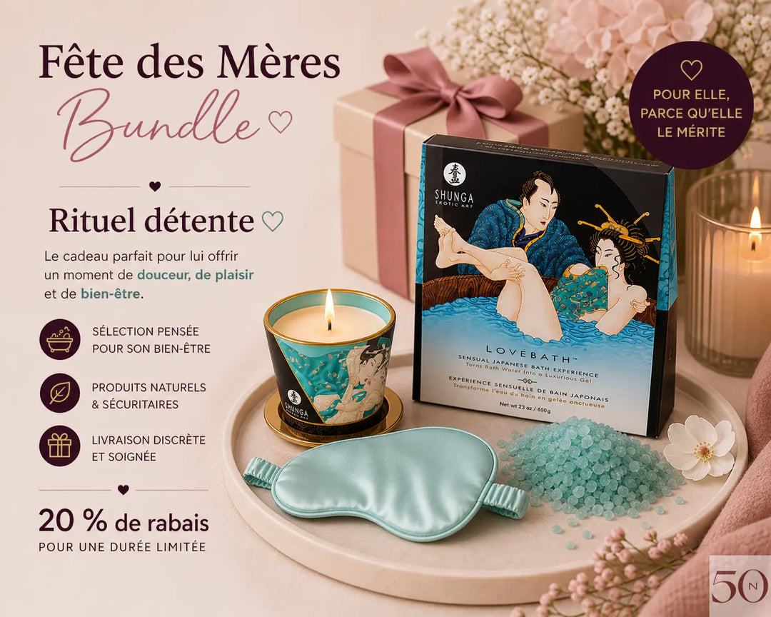 Bundle Fête des Mères Rituel détente avec bain japonais, bougie de massage et masque de sommeil pour le bien-être féminin