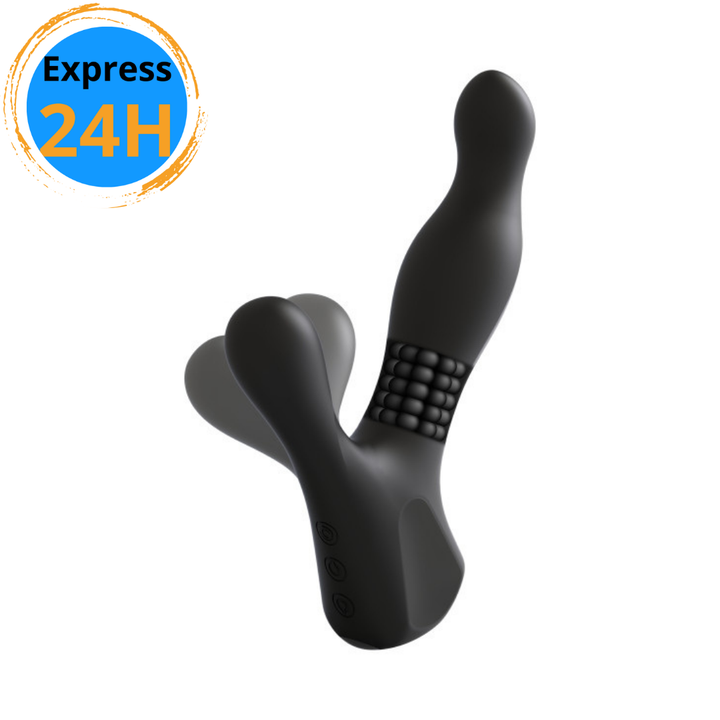 Silicone prostate massager with rotating ridges.