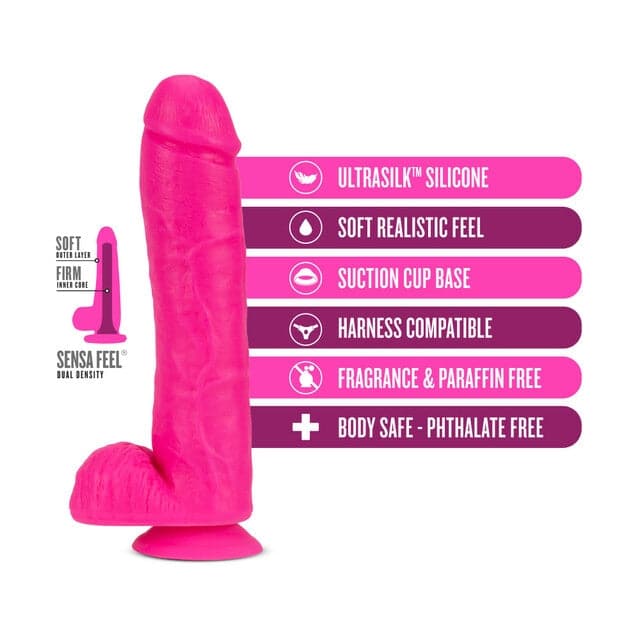 Dildo 11'' avec testicules - Rose Néon